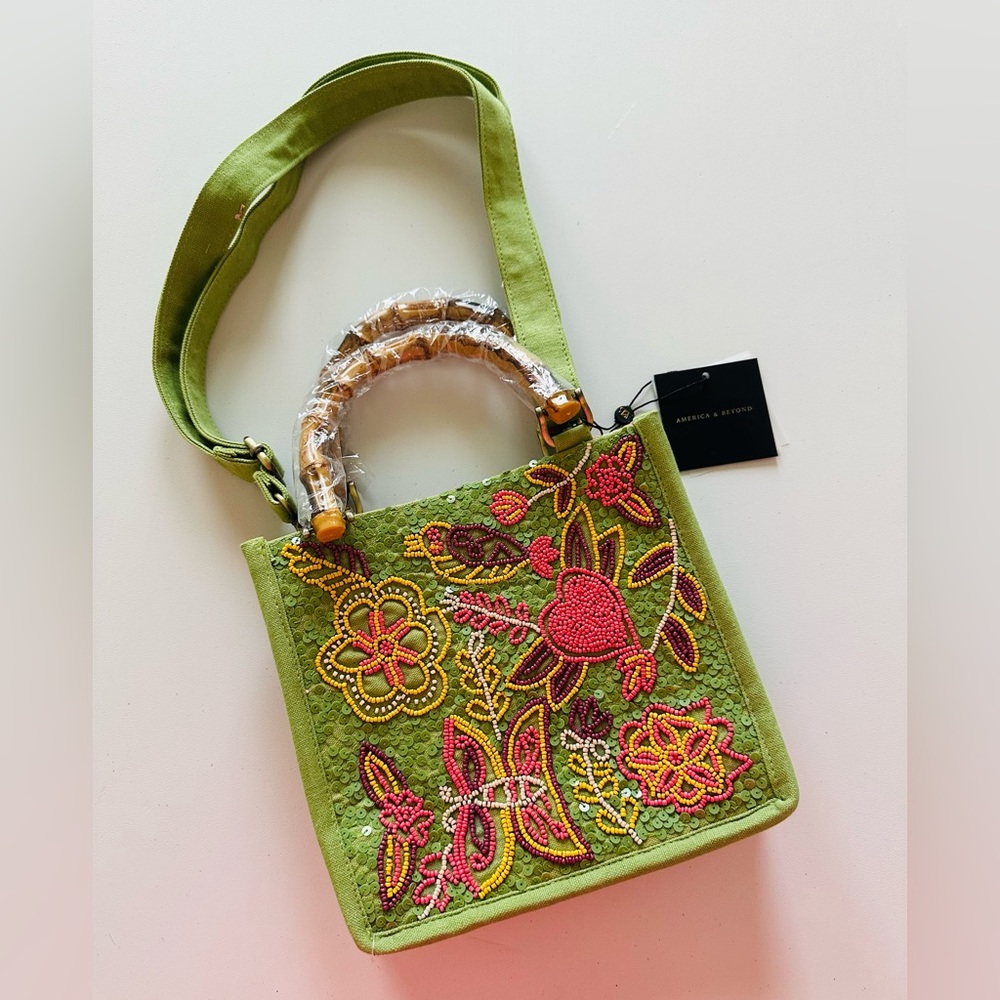 Forrest bloom embellished beaded Vibrant Green and Pink Bohemian Shoulder Bag